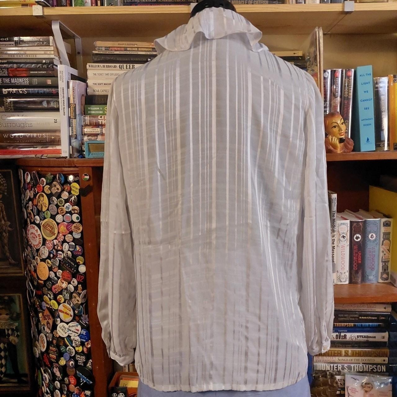 Vintage silver striped button up with ruffle collar.