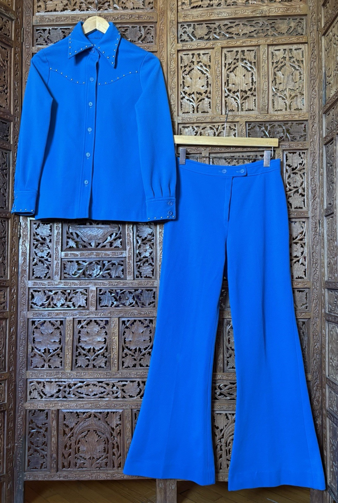 Vintage 1970s Electric Blue Studded 2 Piece Poly Suit Jacket & Pants