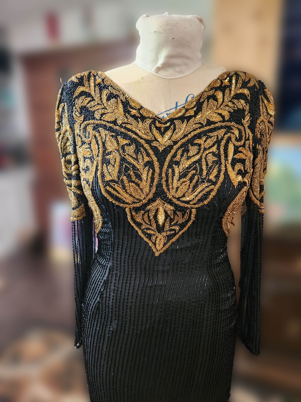 Vintage Carolyne Barton Gown, Black & Gold Hand-Beaded Evening Dress Size M