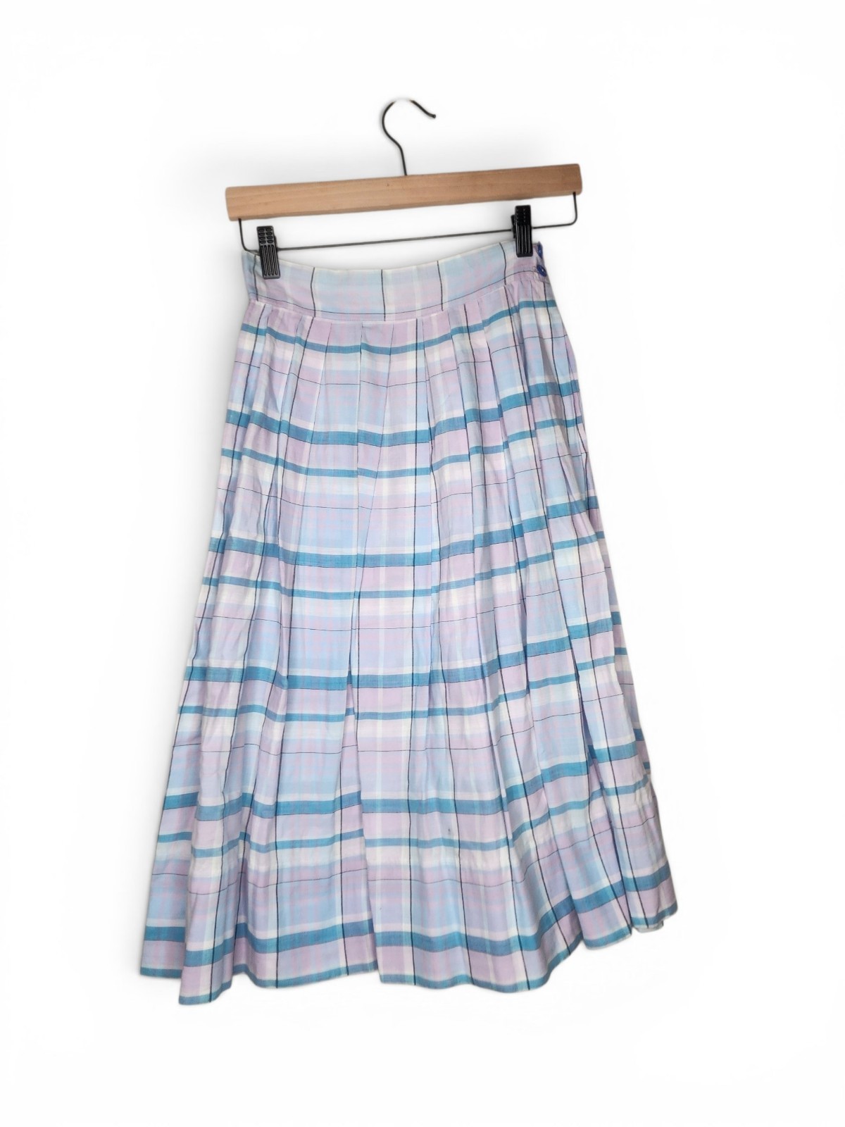Vintage Pleated Pastel Plaid Midi Skirt in Blue Purple and White Size XS