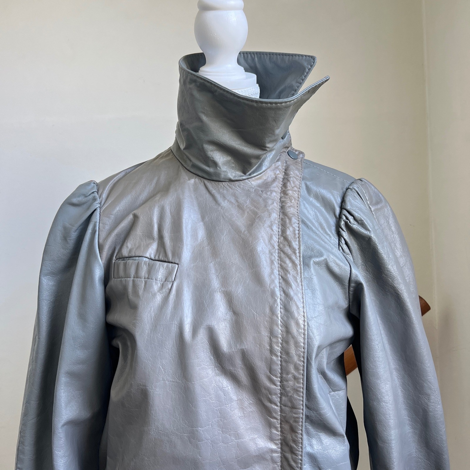 Vintage 80s Leather Jacket Small Gray Stand Collar Funnel Neck Retro Avant Garde