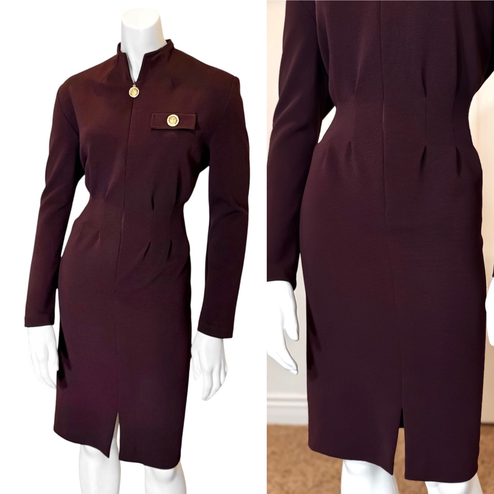 Vintage 80&rsquo;s POWER PLEATS ZIP DRESS M Corporate Goth Medallion Stretch Bodycon