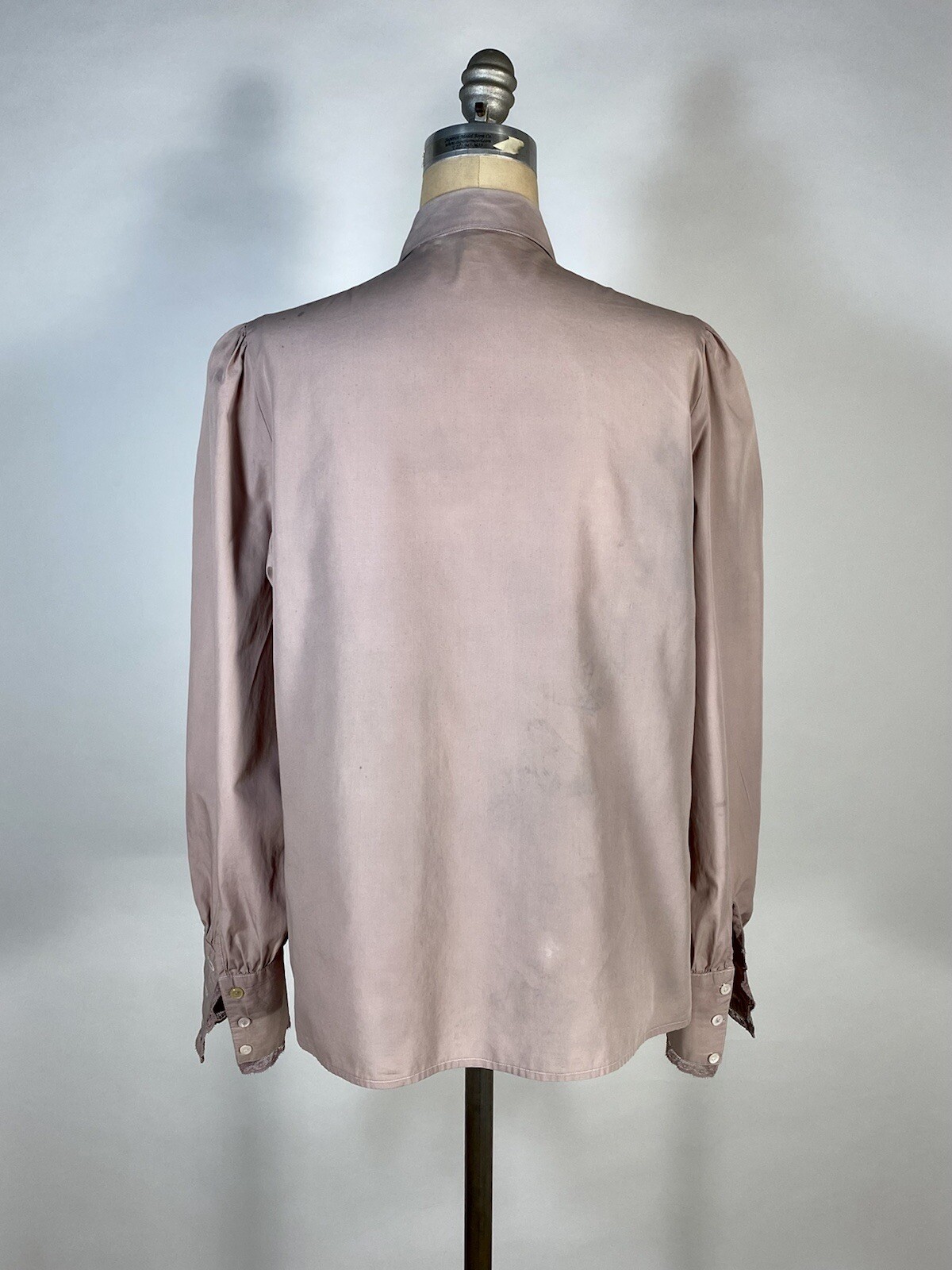 Vintage 1980&rsquo;s REGENCY style distressed over-dyed Lilac purple ruffle blouse Med