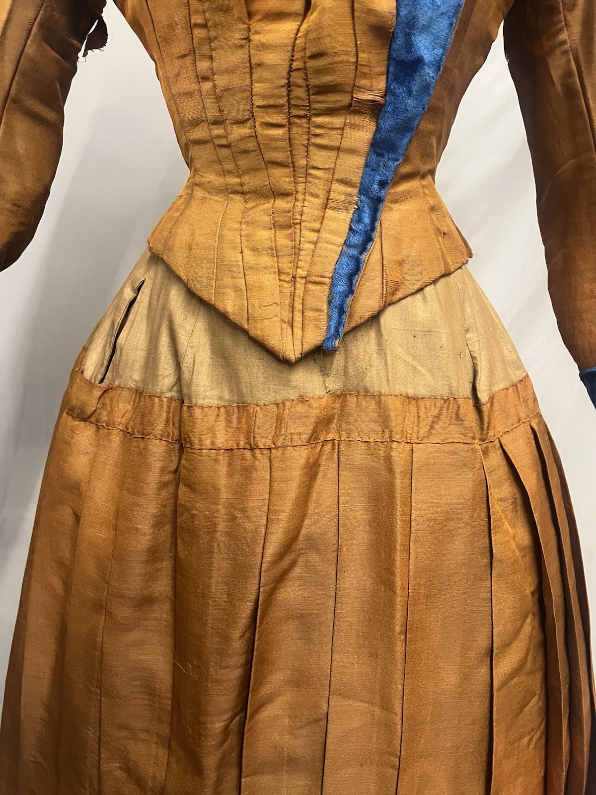 1870’s Copper Silk & Turquoise Velvet Bustle Day Dress