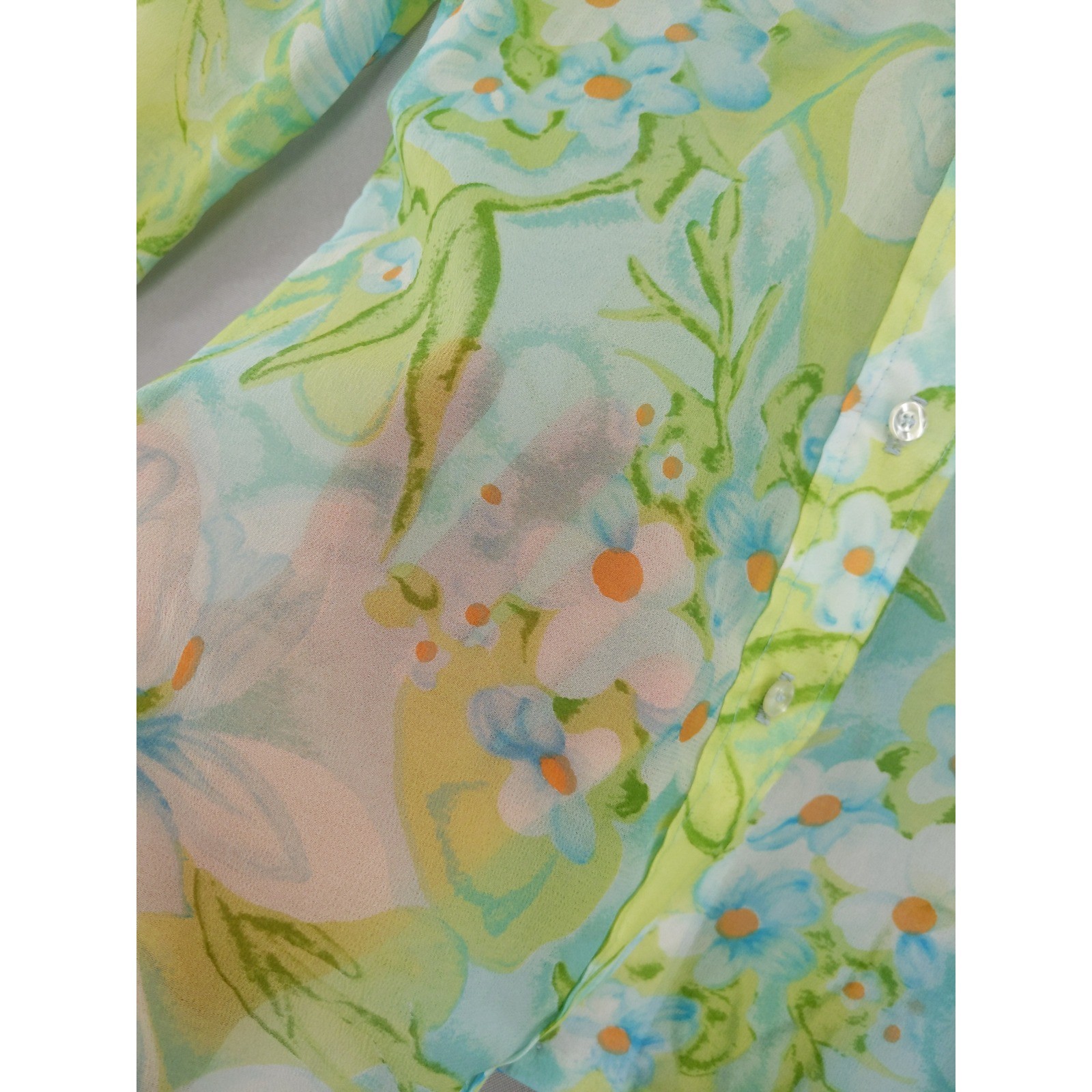 Vintage 70s Two East Button Down Blouse Womens 11/12 Green Blue Floral Sheer