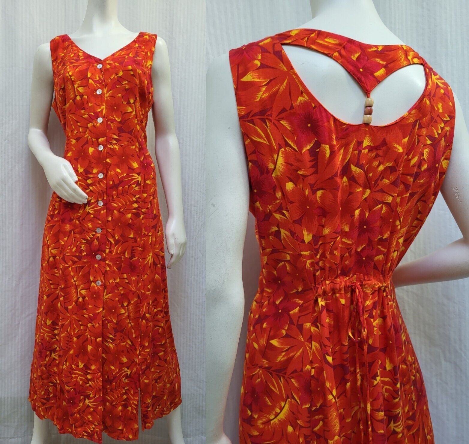 Vintage 80/90&rsquo;s SCARLETT Orange Floral Rayon Button Front DRESS – Size L/XL -EUC