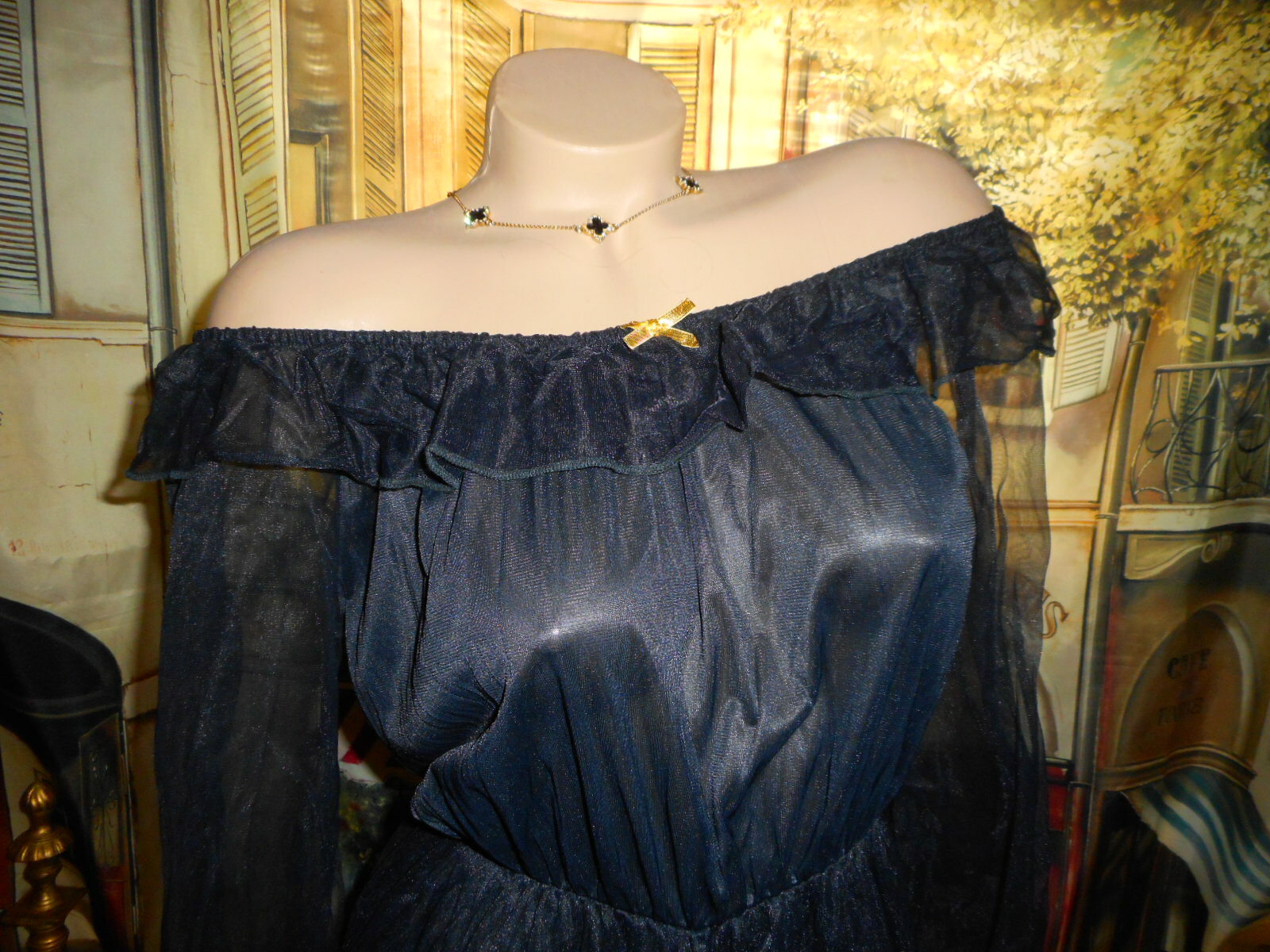 M 1960&rsquo;s Harem Jumpsuit Bodysuit Poufe Legs Off Shoulder Black Chiffon USA