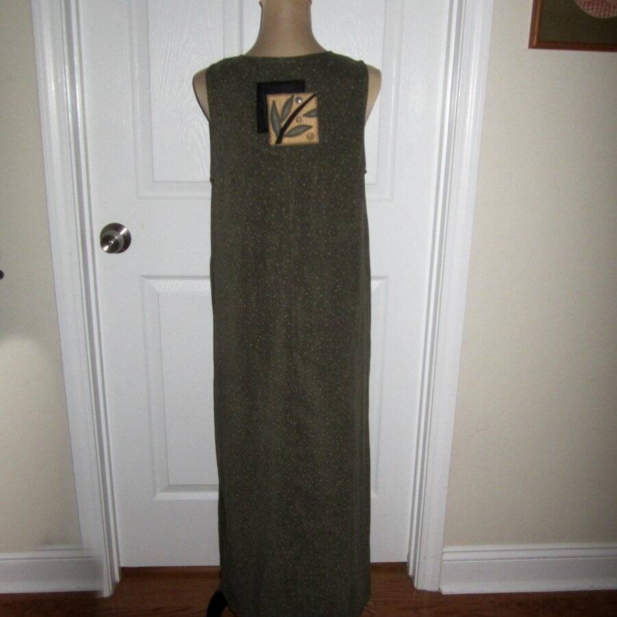 Vintage Beverly’s Olive Green Leaf Applique Maxi Dress 90s Cottagecore Artsy S