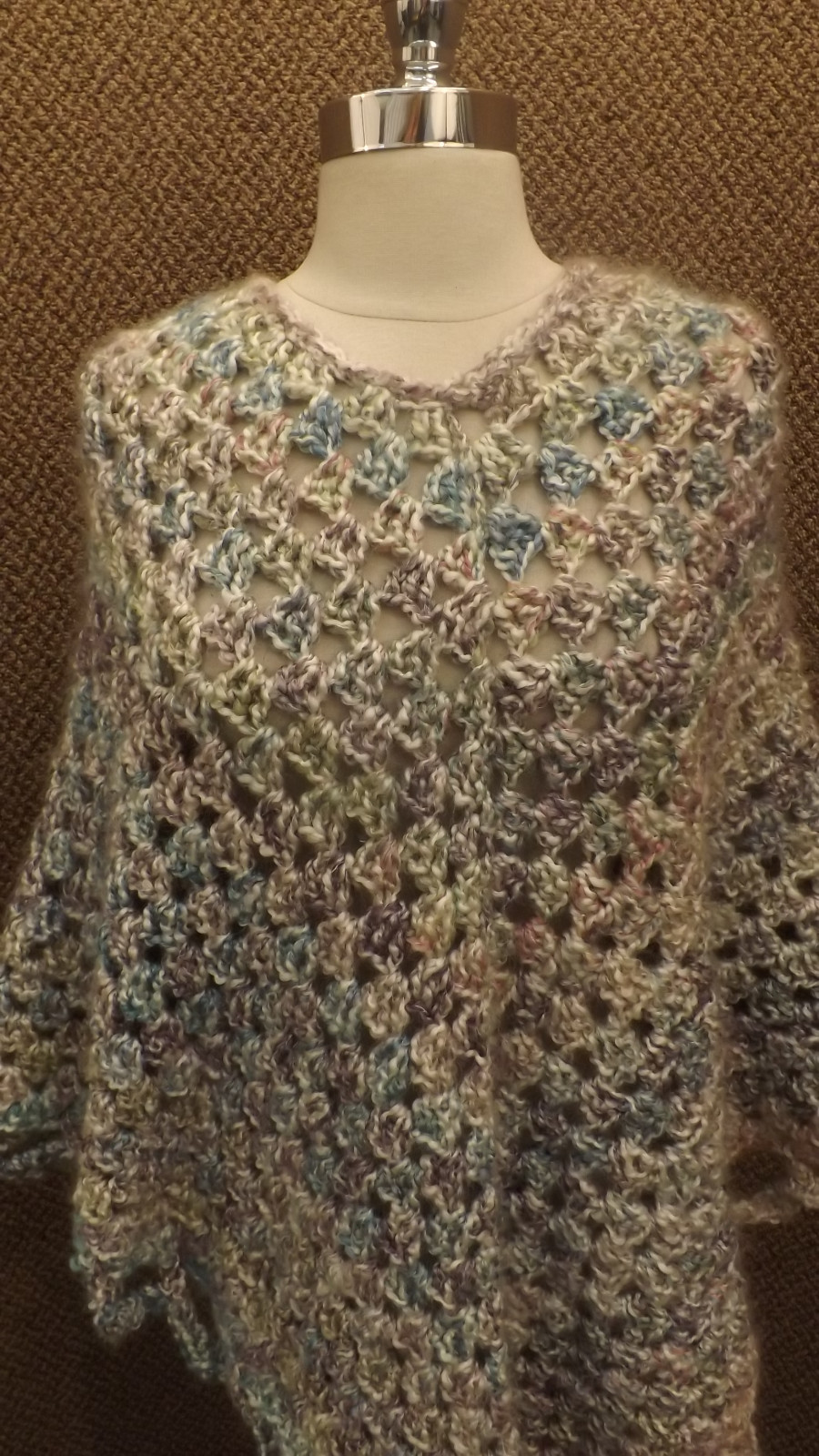 UNUSED Vtg Hand Crocheted Open Work Cape Blended Colors Purple Blue Gray White