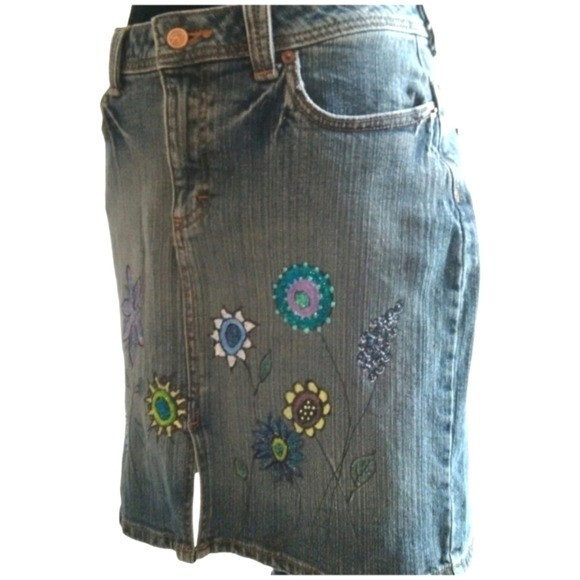Upcycled & Hand-Painted Funky Floral Vintage Riders Copper Jean Skirt Size 5/6