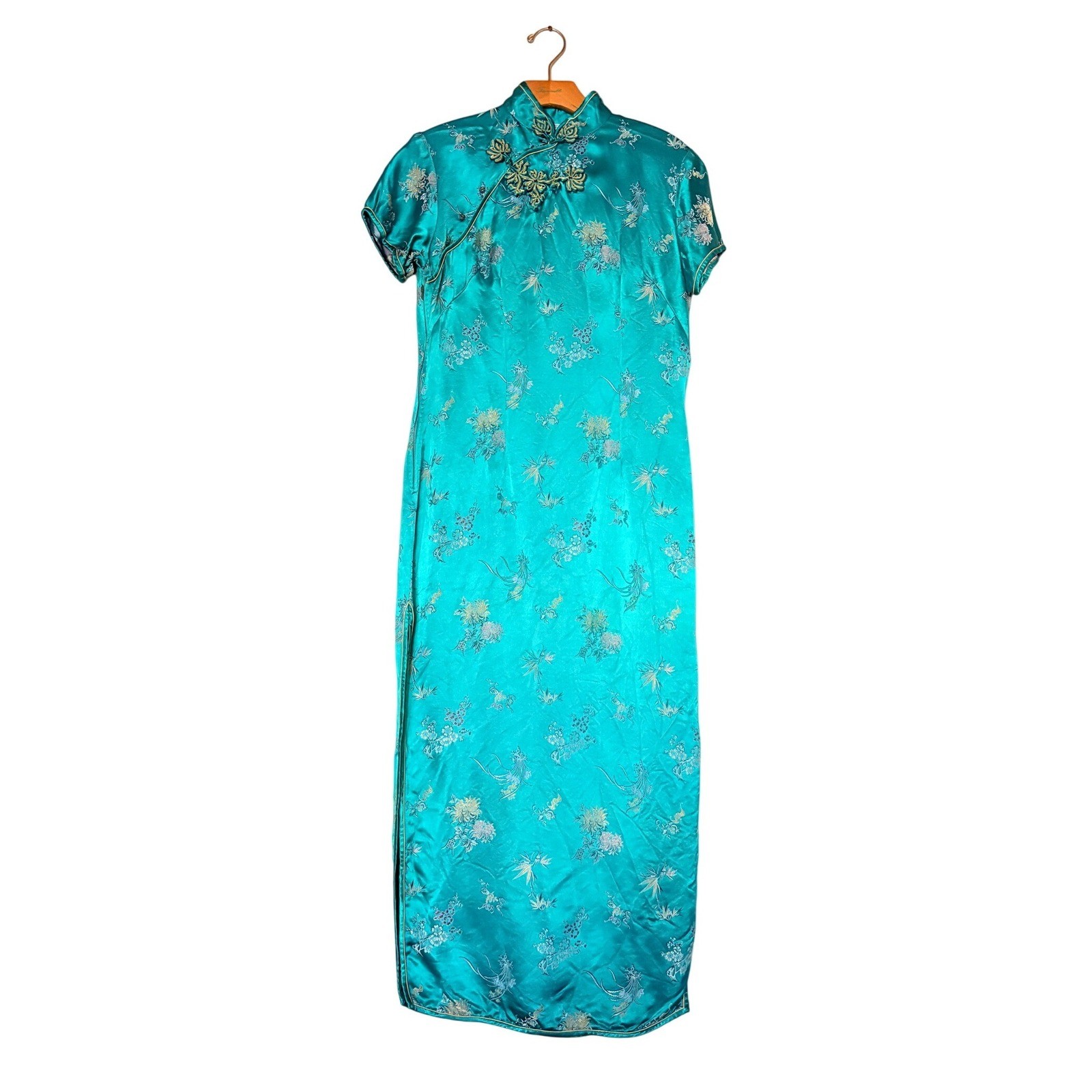 Vintage Peony Brand Shanghai Teal Rayon Floral Brocade Cheongsam Qipao Dress