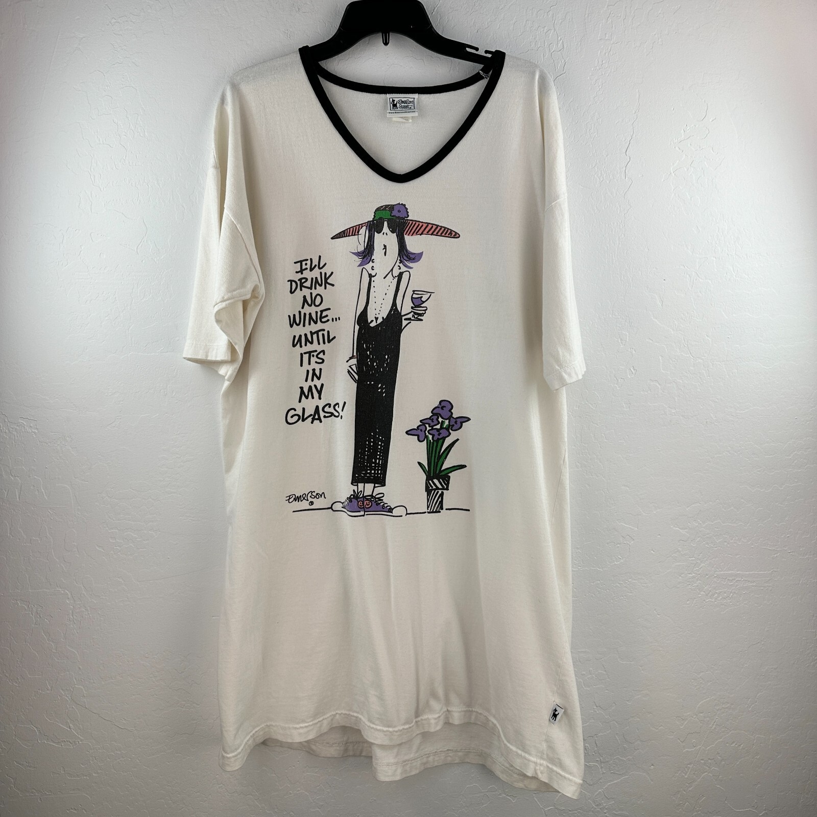 Vtg Emerson Street Sleepshirt One Size White Short Sleeve Wine Cartoon Funny