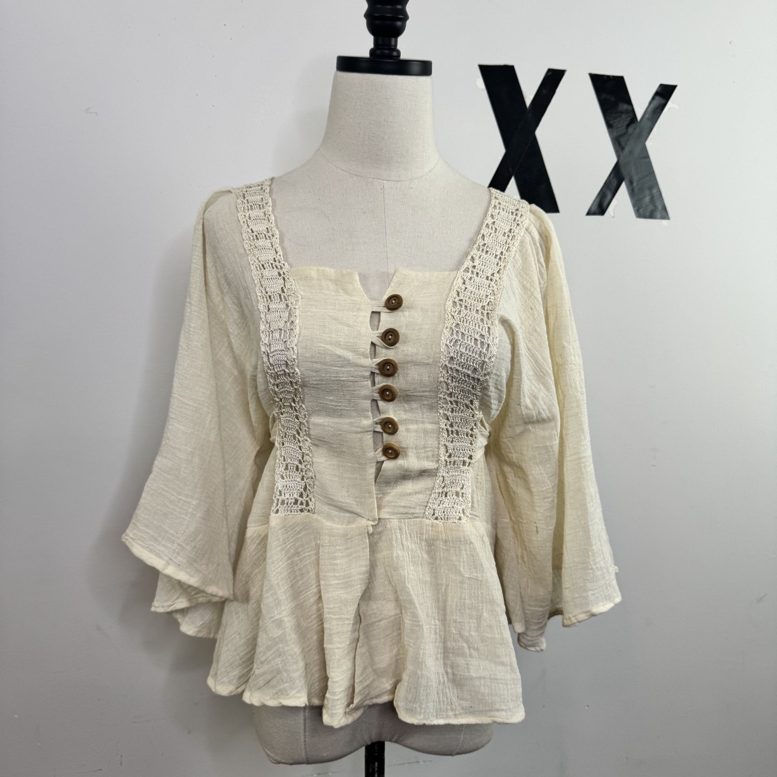 Vintage 70s Sheer Cotton Peasant Blouse Lace Trim Renaissance Tunic M