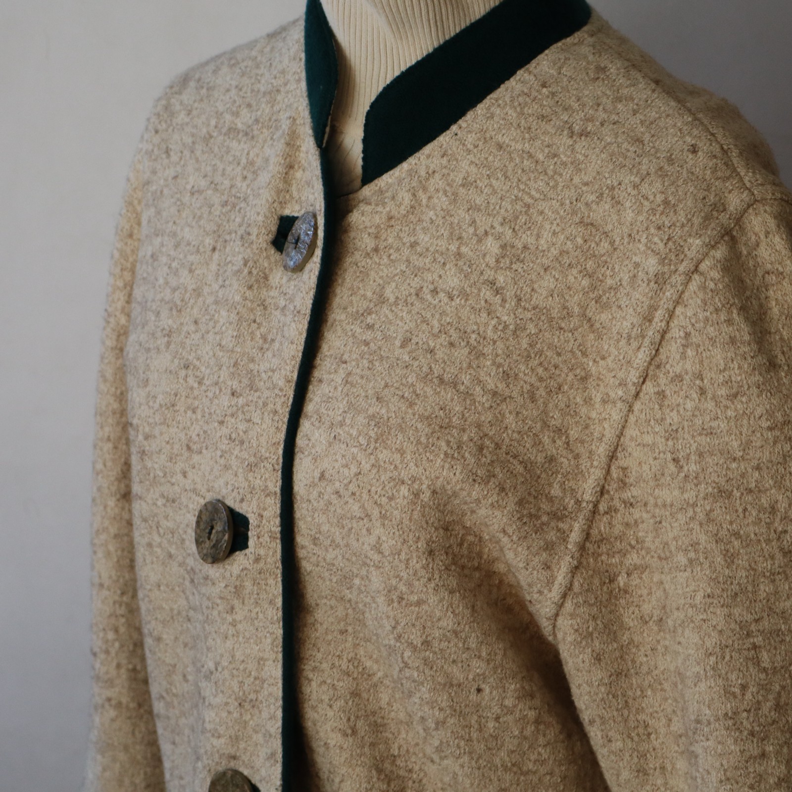 Vtg Wool Chenille Arber Jacket Tan, Green Knit w Embroidery Sz 36 Small Germany