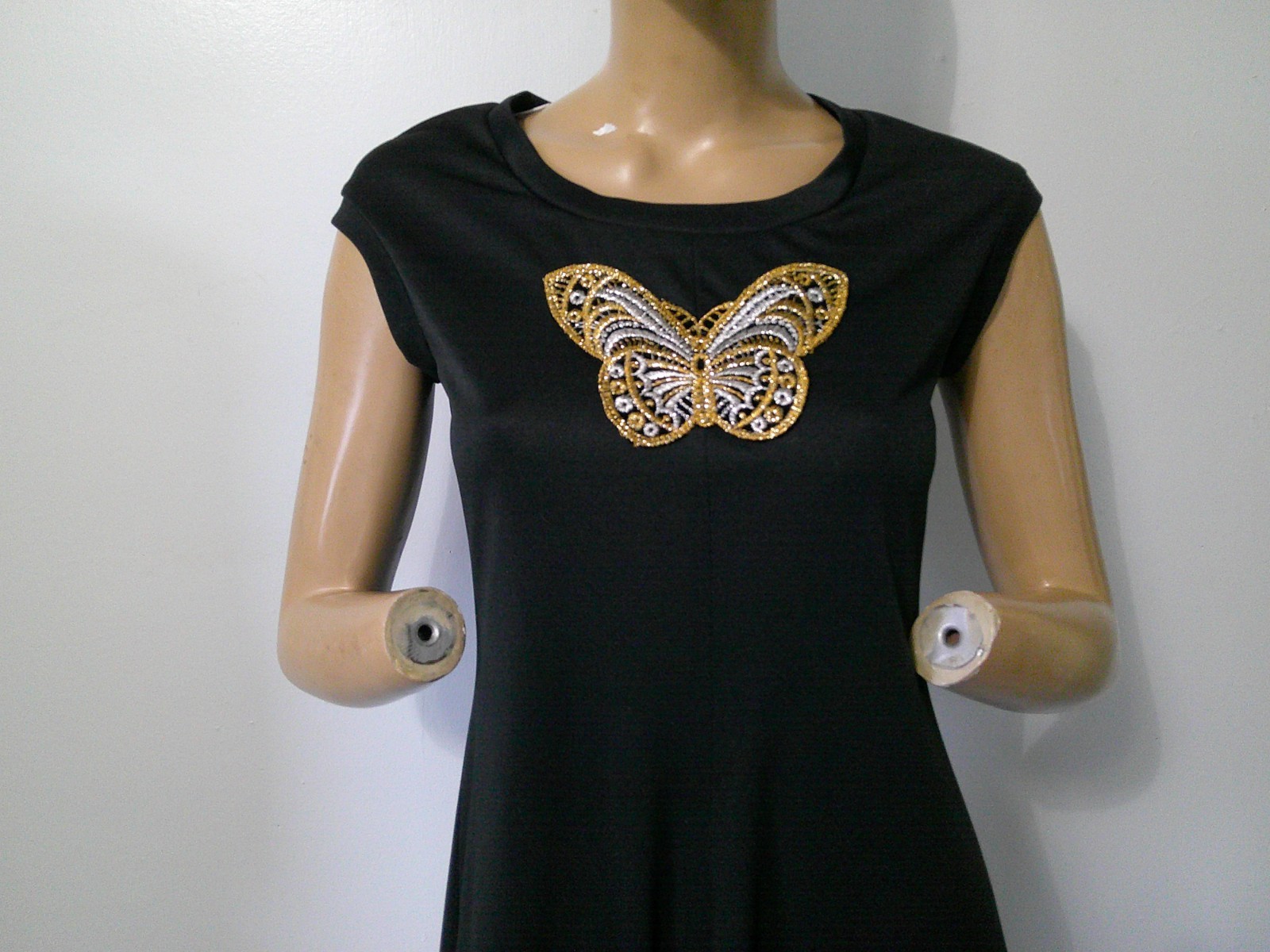 Vtg 70s Disco Slinky Poly Black Cap Sleeve Maxi Dress W Lg Butterfly Applique SM