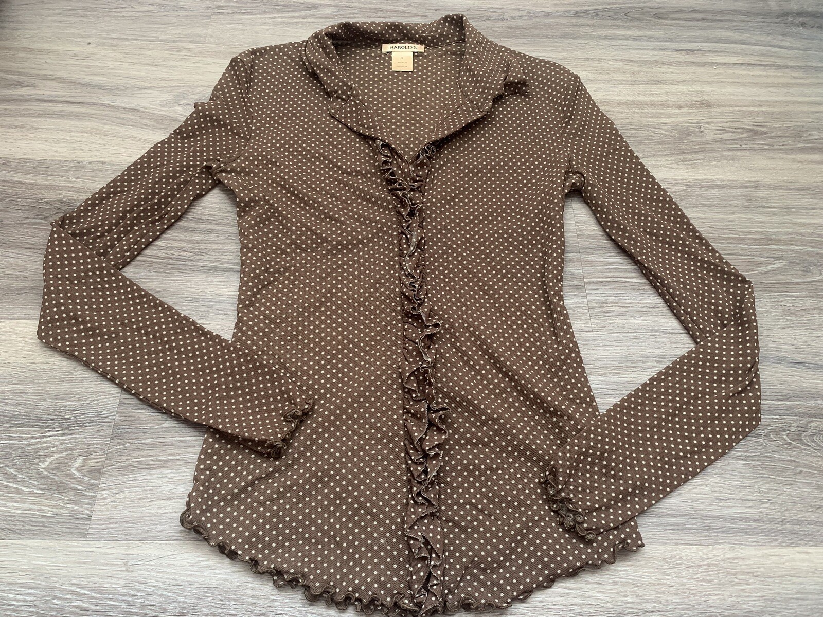 VTG Harold’s Nylon Brown White Polka Dot Womens S Dress Shirt USA