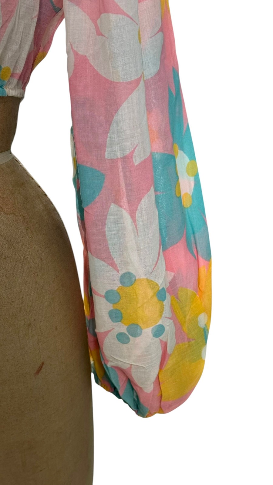 Vintage 70s Dagger Collar Flower Power Crop Top Puffy Sleeves Small