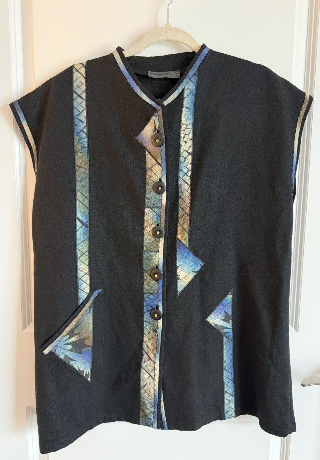 Avant Garde Wool Felt Tunic Top Black Blue Cutout Artsy Boho L XL