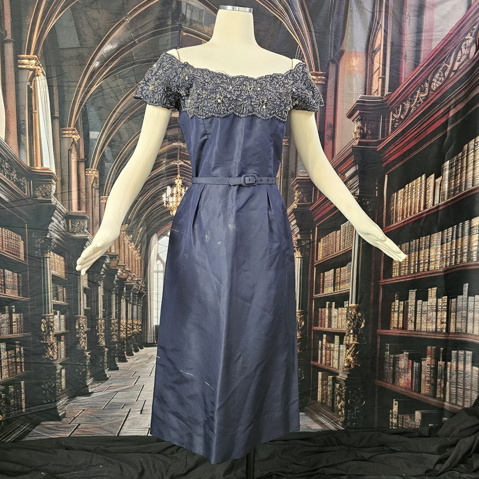 Vintage 1960&rsquo;s Dress Off Shoulder Heavily Beaded Chest Navy Blue as is