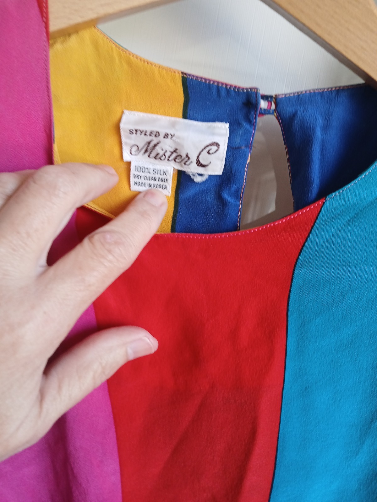 vtg 80&rsquo;s silk color block blouse mister c oversized medium teal raspberry blue
