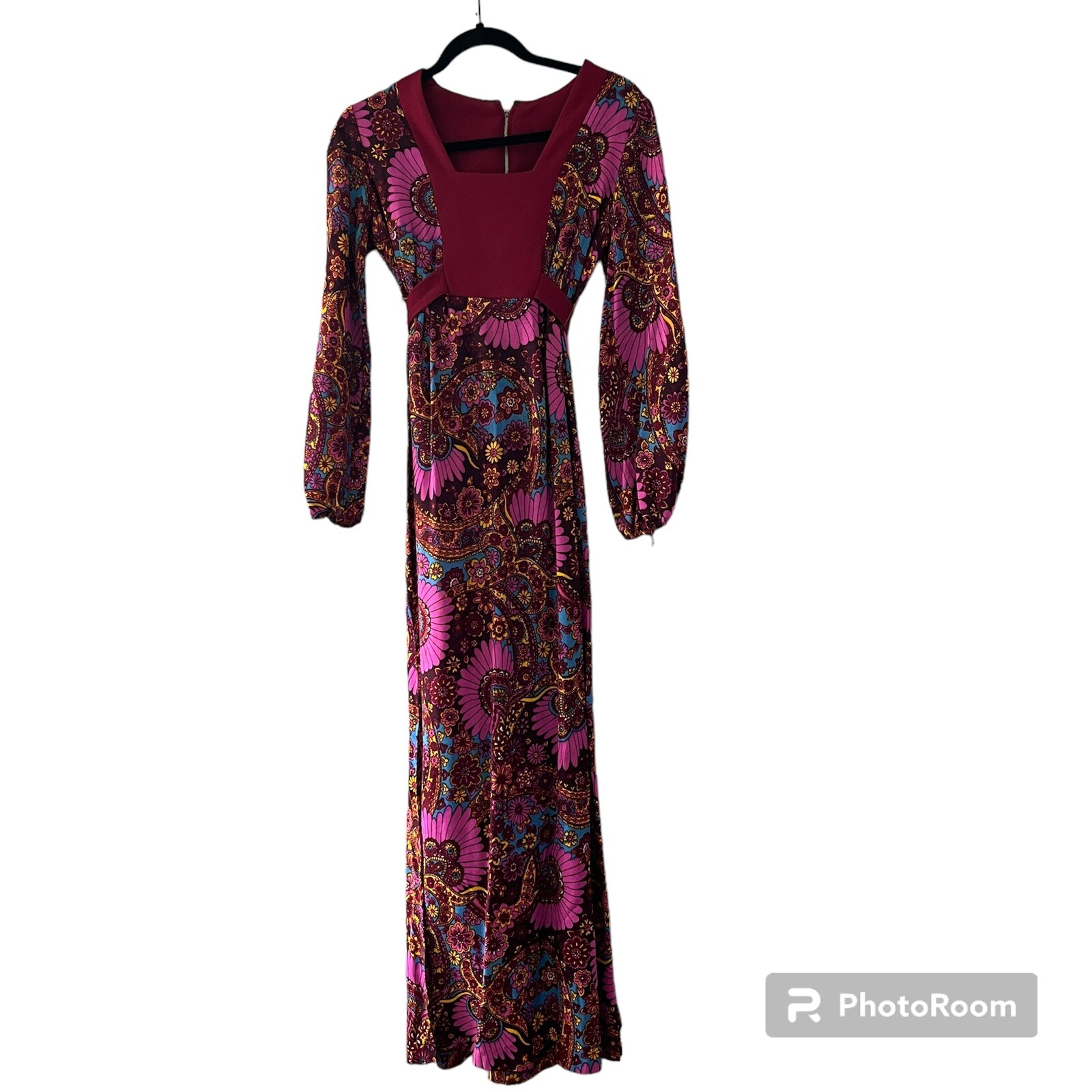 Vintage Long Sleeve Floral Maxi Dress Mod Gogo Colorful
