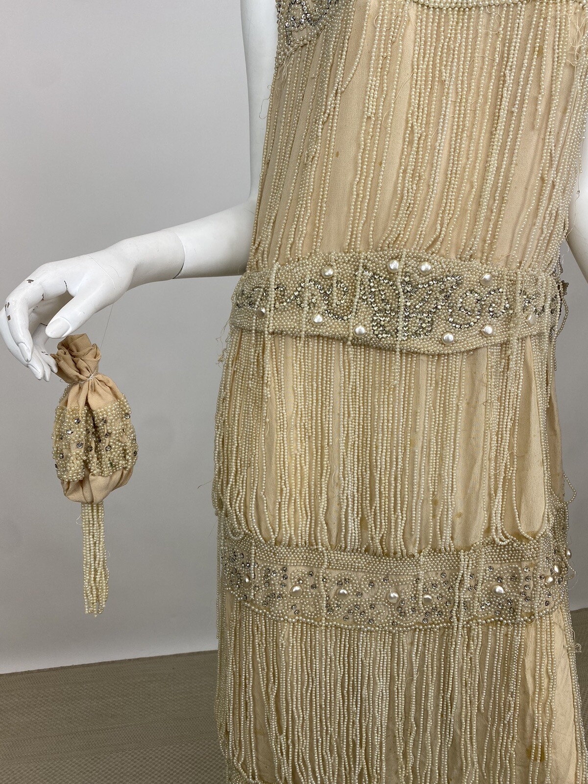 Real Antique 1920s Flapper Wedding Gown Train Headpiece Pearls Rhinestones