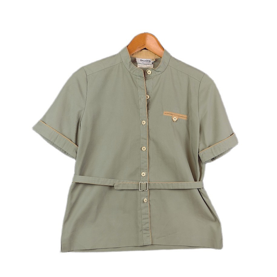 VTG Dereta Shirt Olive Tan Belted Short Sleeve England Blouse Military Medium
