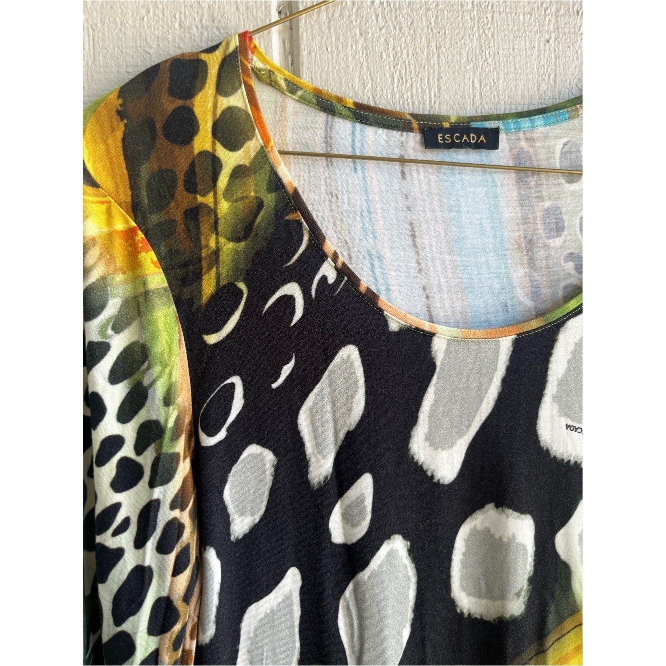 Escada Vintage Abstract Print 3/4 Sleeve Stretch Jersey Top