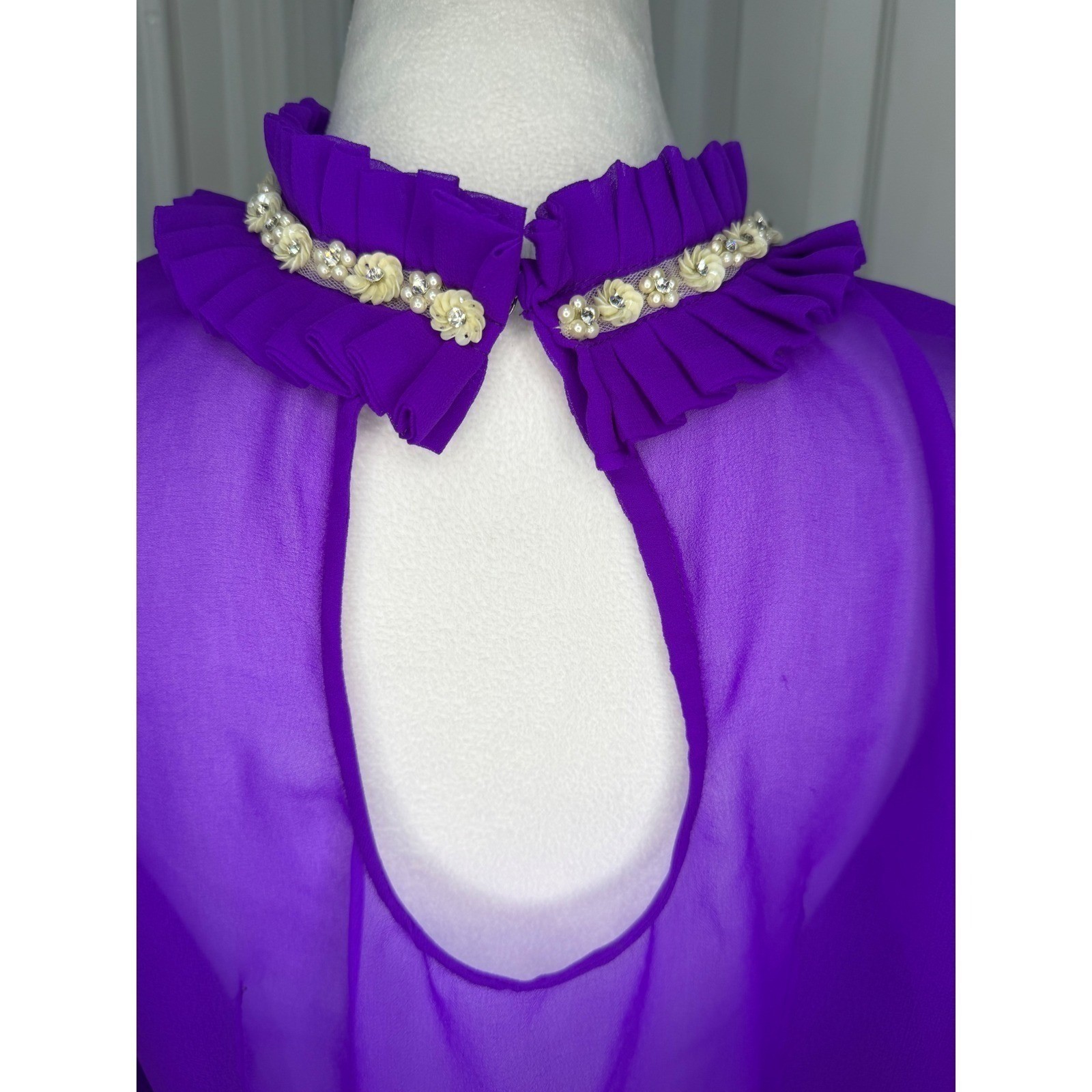 VTG Purple Sheer Chiffon Ruffle Neck Mini Dress Romantic Hollywood Regency S/M