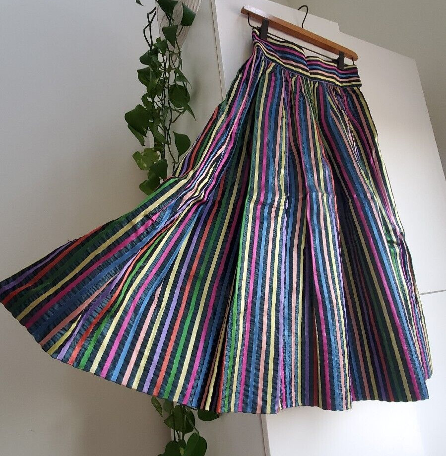 Vintage 30s 40s Rainbow Ribbons Rayon Swing Full Circle Skirt High Waist Talon