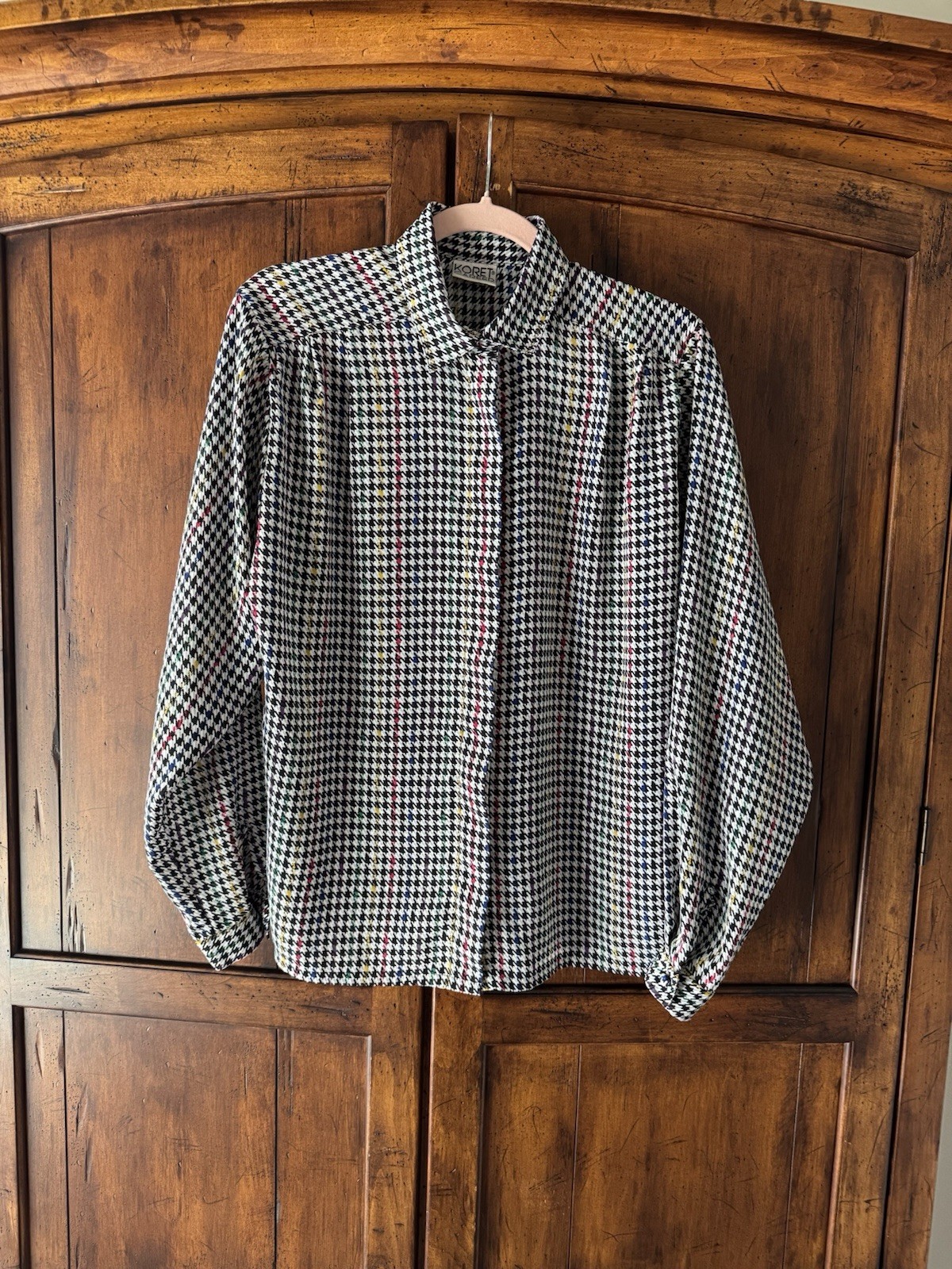 Vintage Koret Career Black Houndstooth Blouse With Rainbow Colours Throughout M