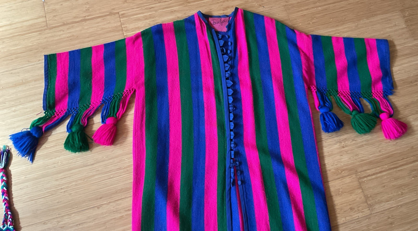 VTG Josefa Boho Caftan Maxi Dress Multicolor Pink Green Blue Pompoms Belt, Small