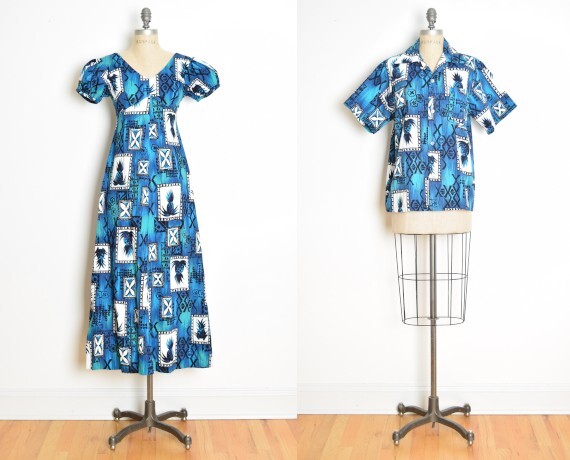 vintage 60s honeymoon set matching dress shirt Hawaiian print Hukilau blue XS M
