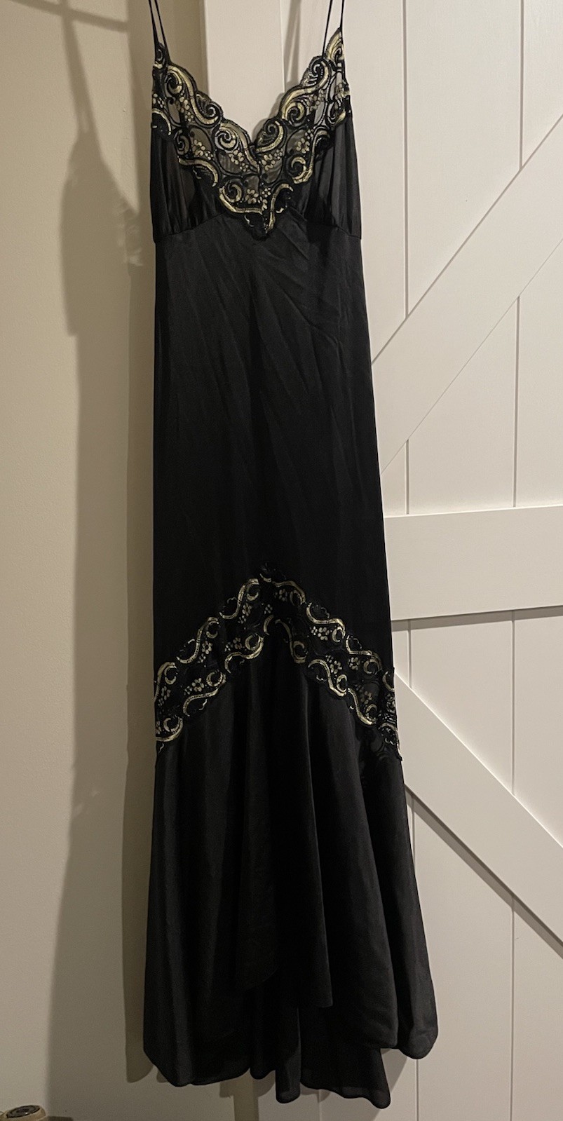 Vtg Lady Cameo Dallas Black Nylon Nightgown Mermaid Style Hem Gold Lace Size M