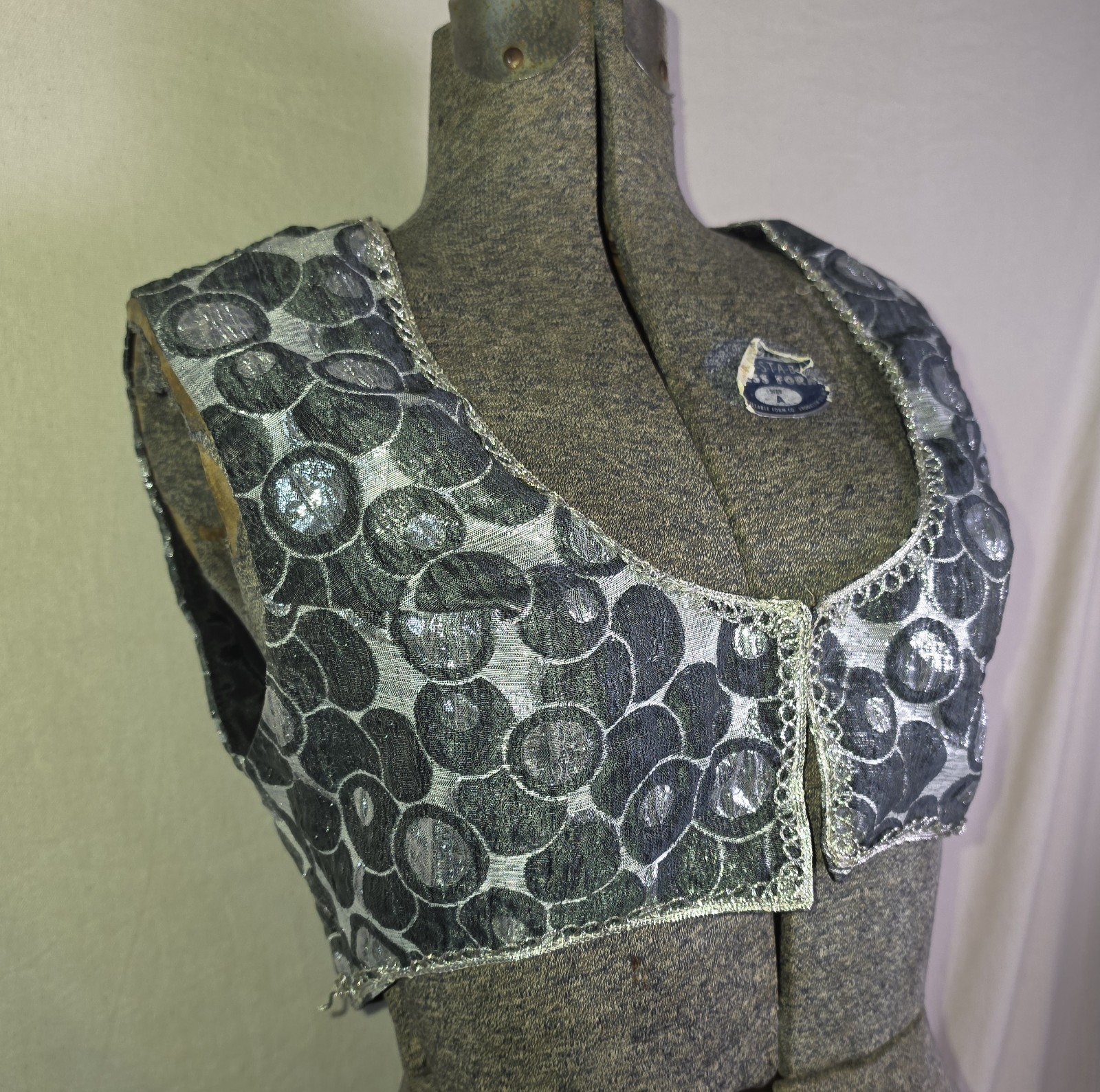 Vintage 60s 70s Silver Metallic Polka Dot Bolero Top Vest Glitter Disco Small