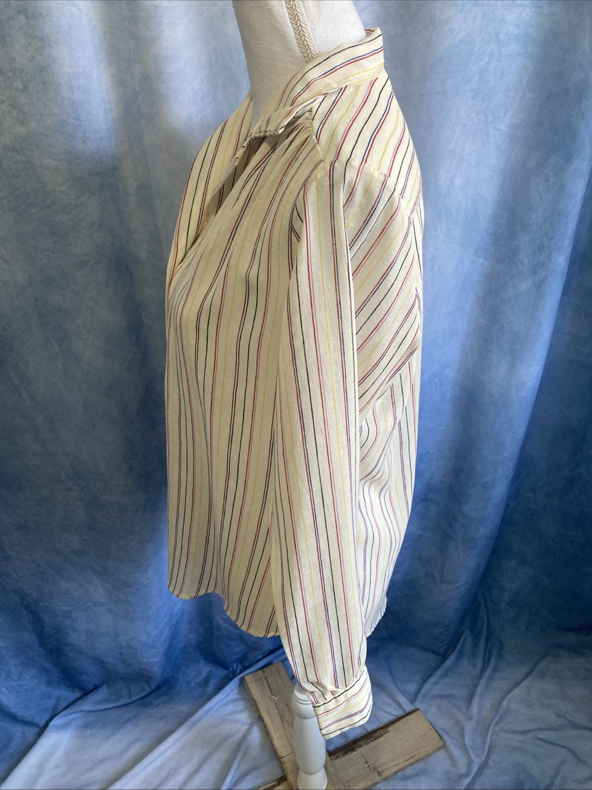 Vtg 70s SHAPELY Striped Blouse Sheer Dagger Collar Secretary Mod Disco Top Sz 12