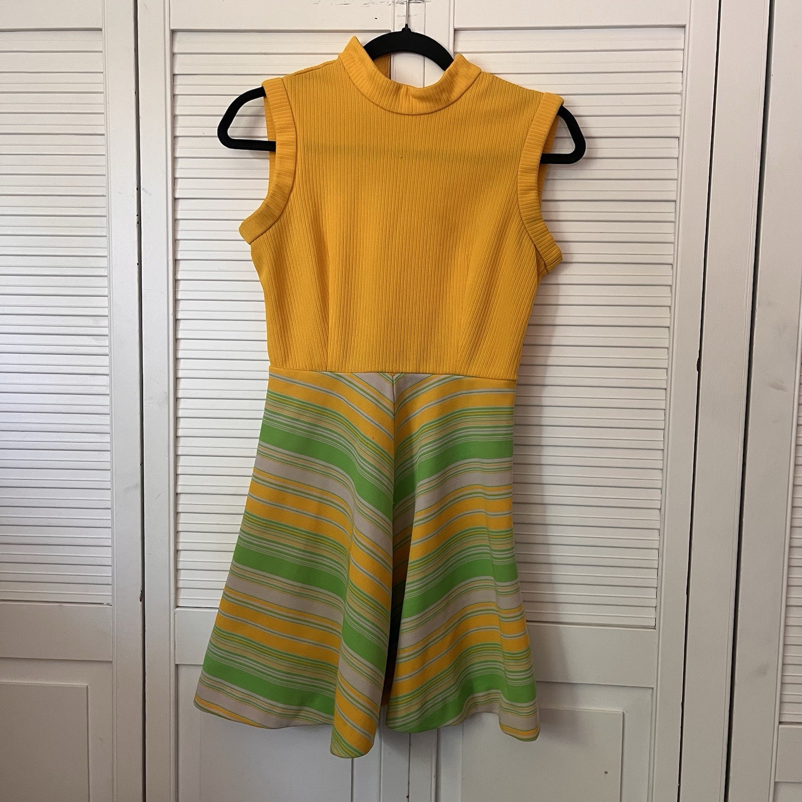 60s Jonathan Logan Petite S Knit Dress Color Block Yellow Green Stripes 70s 80s