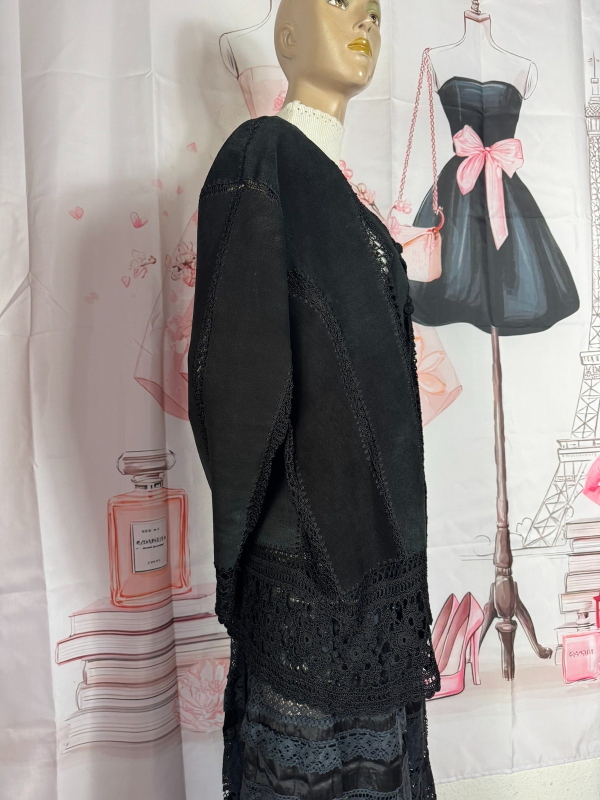 Vintage Leather Jacket Black Crochet Lace Boho Gothic Oversized 44 46 48