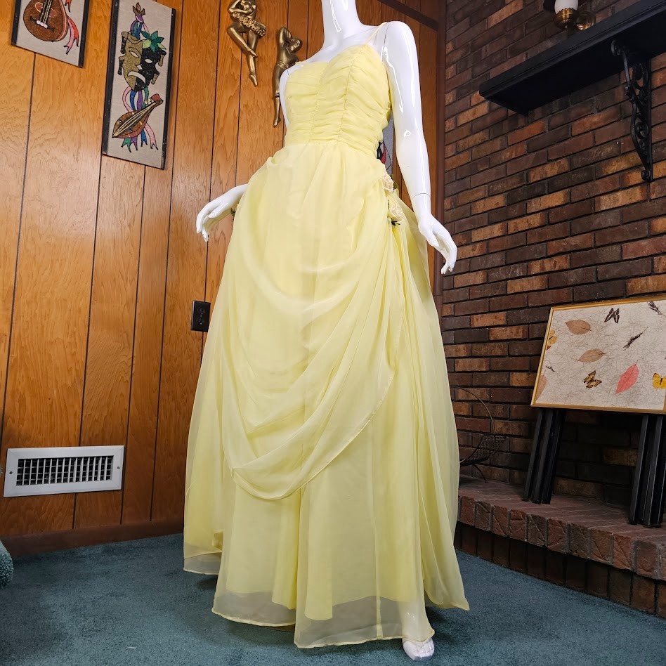 Vtg 50s Southern Princess Belle Lemon Chiffon Prom Party Wedding Gown Dress XS/S