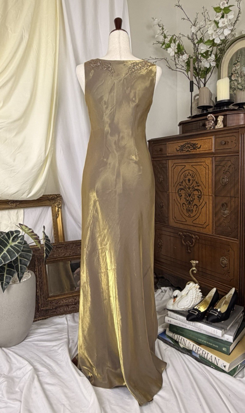 VTG 90s Alex Evenings Liquid Metallic Gold Slip Dress Gown Maxi Prom 4 Formal