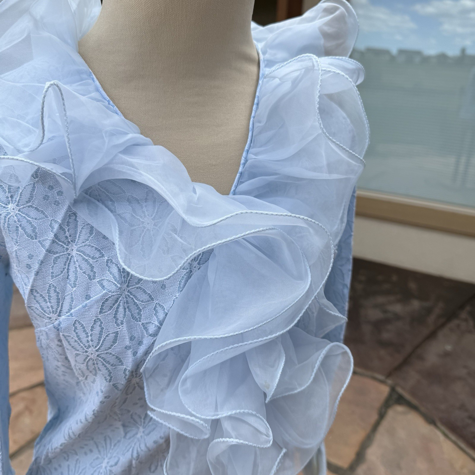 Vtg 70s Powder Blue Lace Eyelet Tuxedo Blouse Dramatic Ruffle Blouse see pics