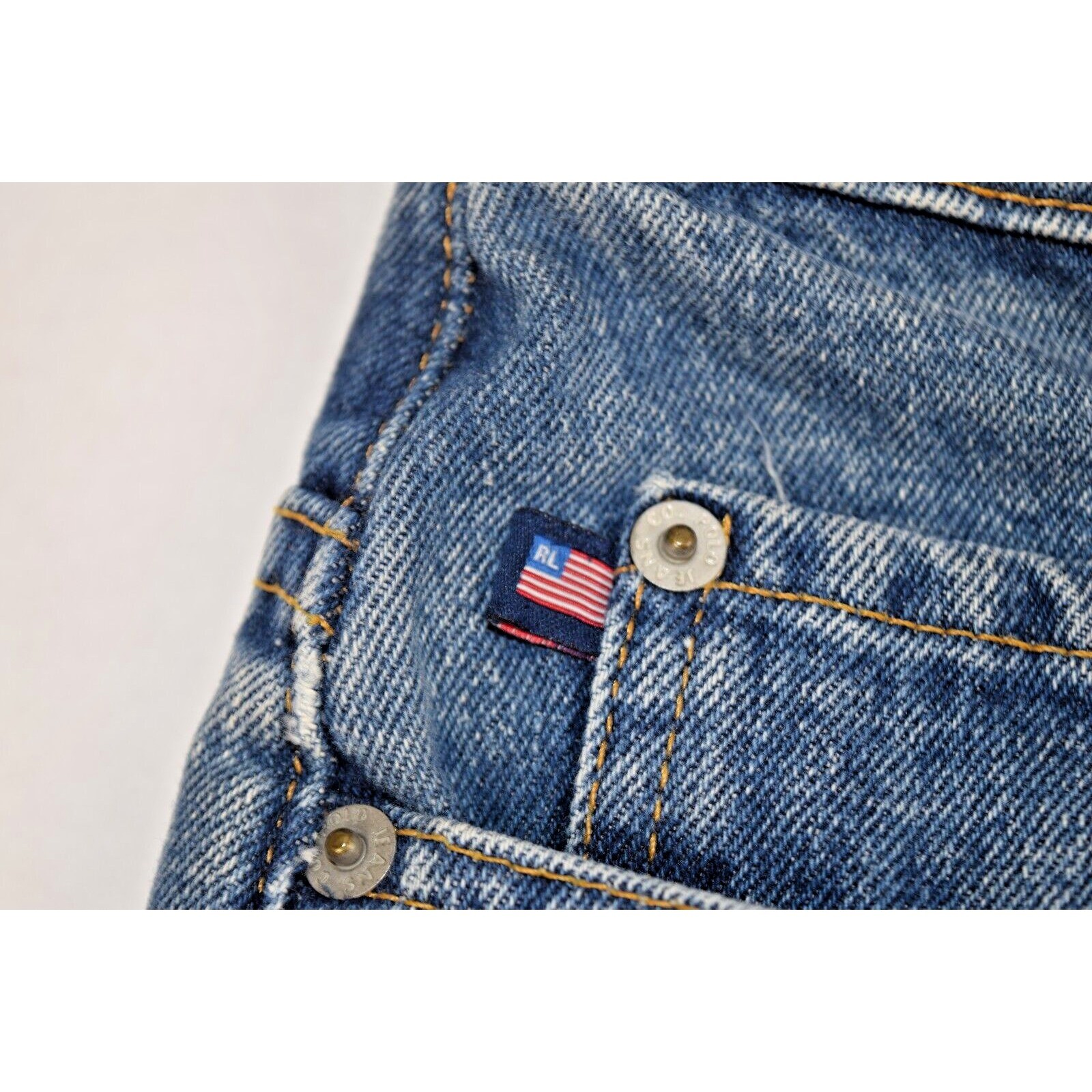VTG Polo Jeans 33 x 3290s Ralph Lauren Blue Banner Jean Relax Fit Strait Leg