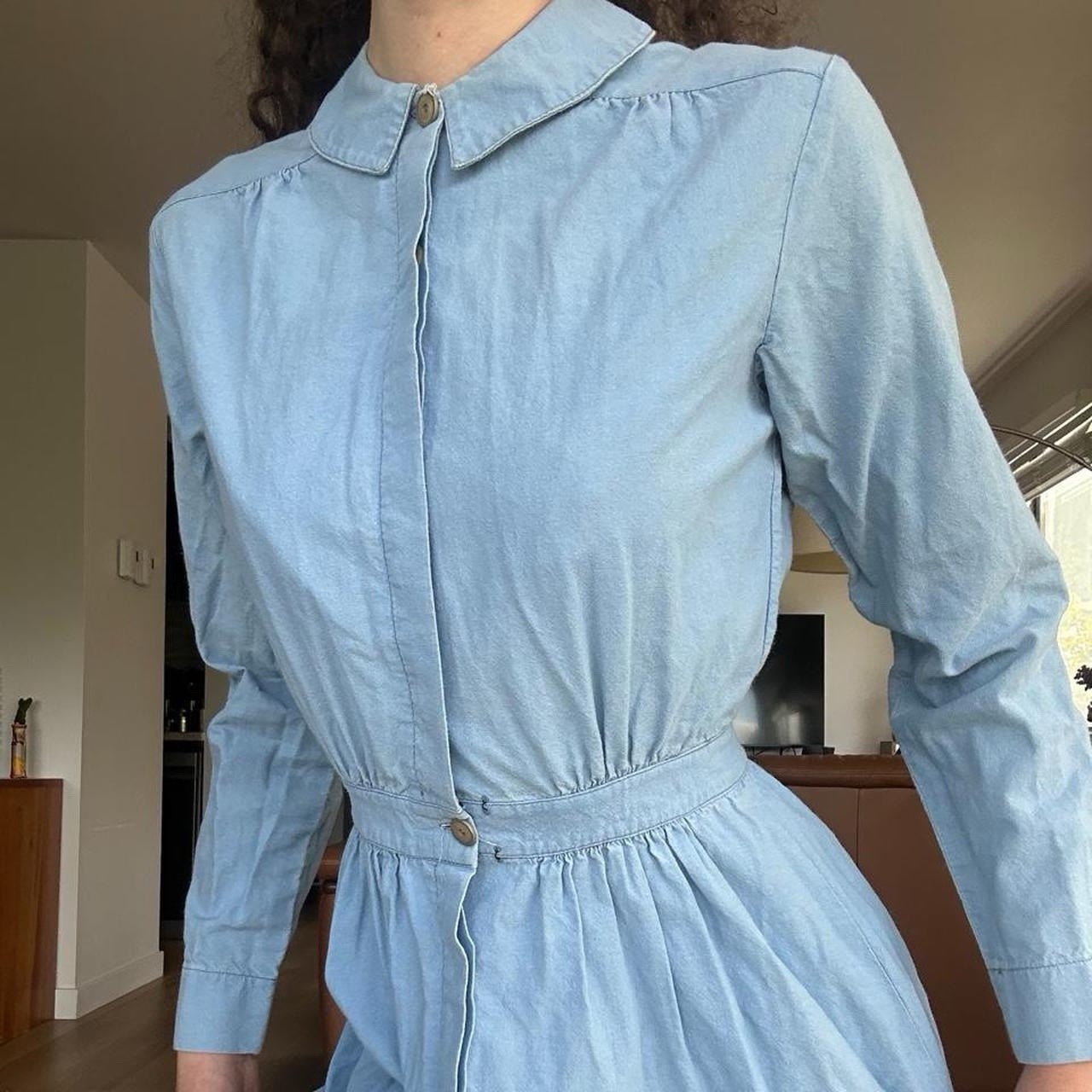 Vintage 1970s Handmade Western Chambray Dress Peter Pan Collar