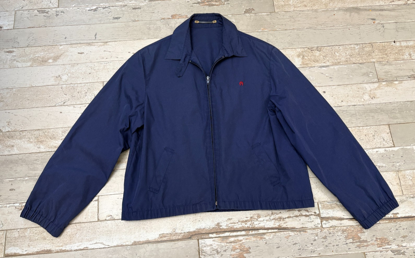 VTG Etienne Aigner Jacket Harrington Bomber Blouson Woman Size 12 Navy CROPPED