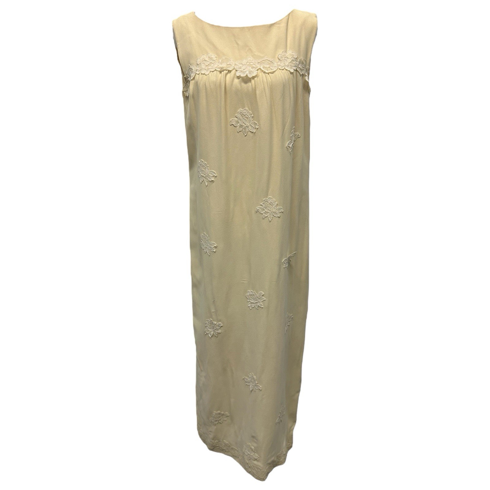 VTG 1960s Babydoll Ivory Lace Appliqué Column Maxi Dress Women’s S/M Unbranded