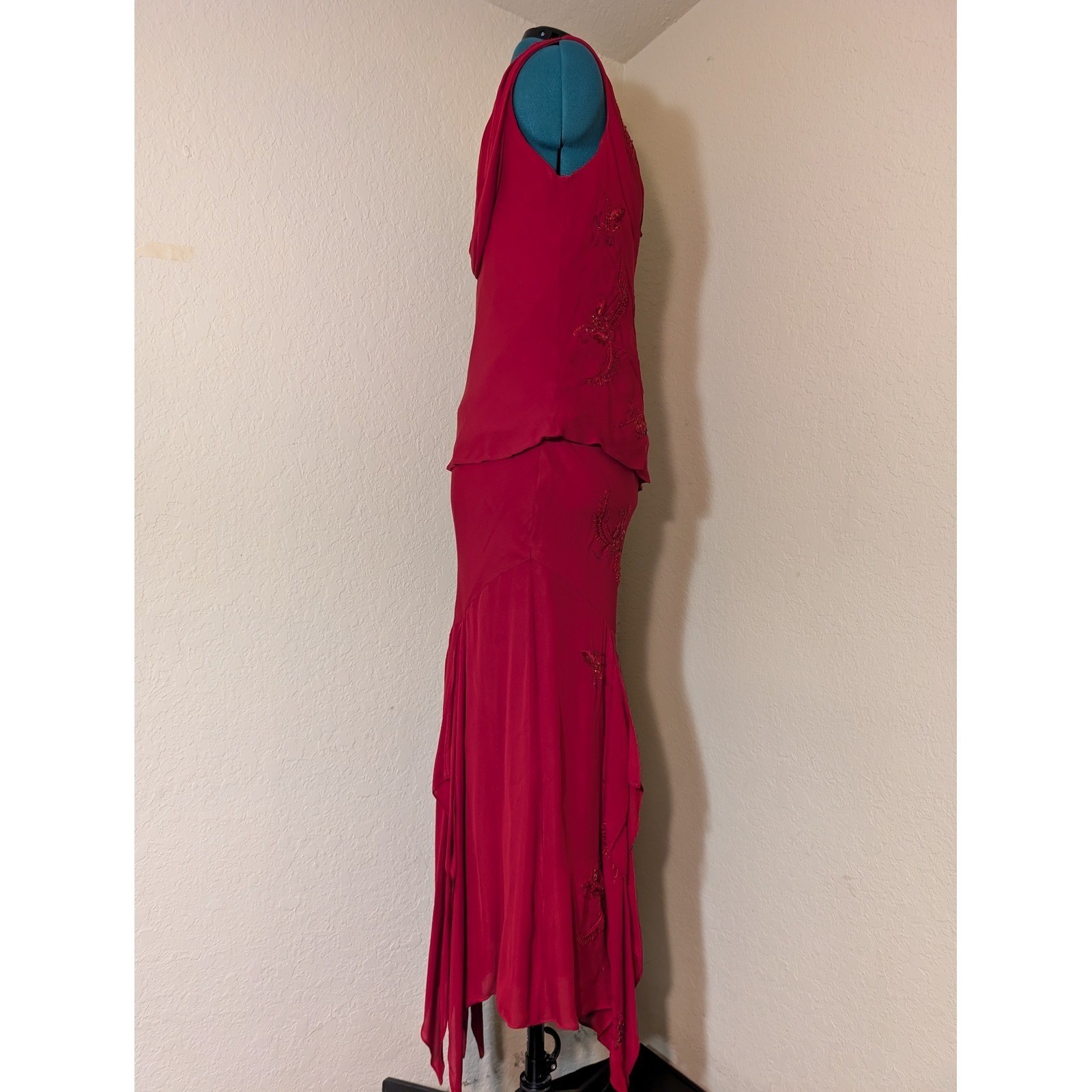 I.C.E. Vintage Rare Red 100% Silk Beaded 2 Piece Skirt Set Fairycore M