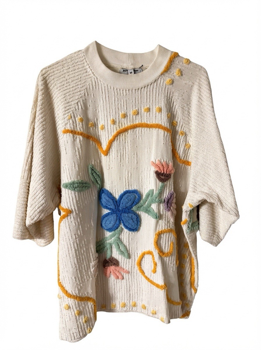 Vintage Artisan Chenille Embroidered Sweater | Floral Folk Art | Texas Made | M