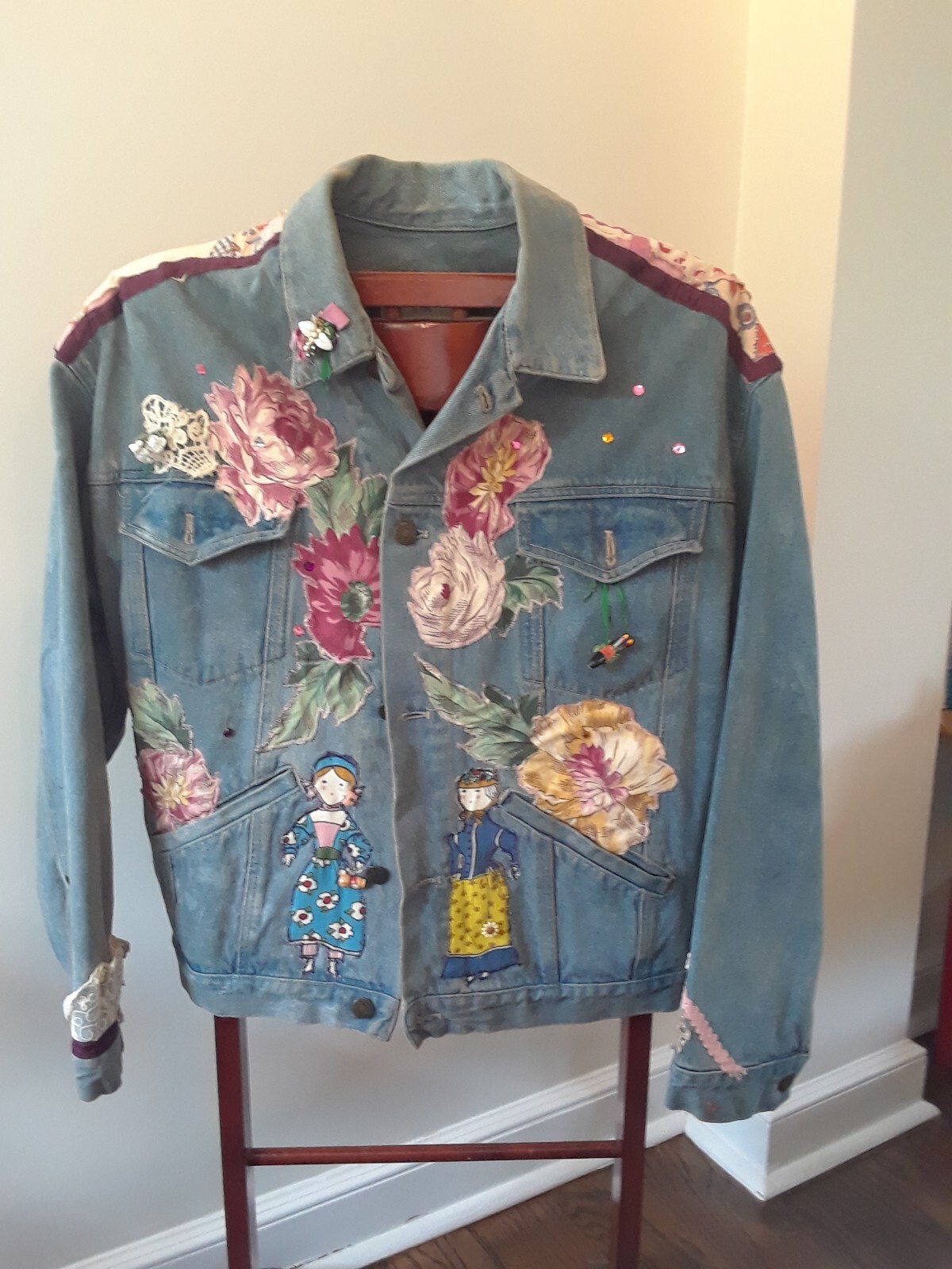 80s BoHo Embellished Jean Jacket Flowers Figures Trinkets Lace by Lilla