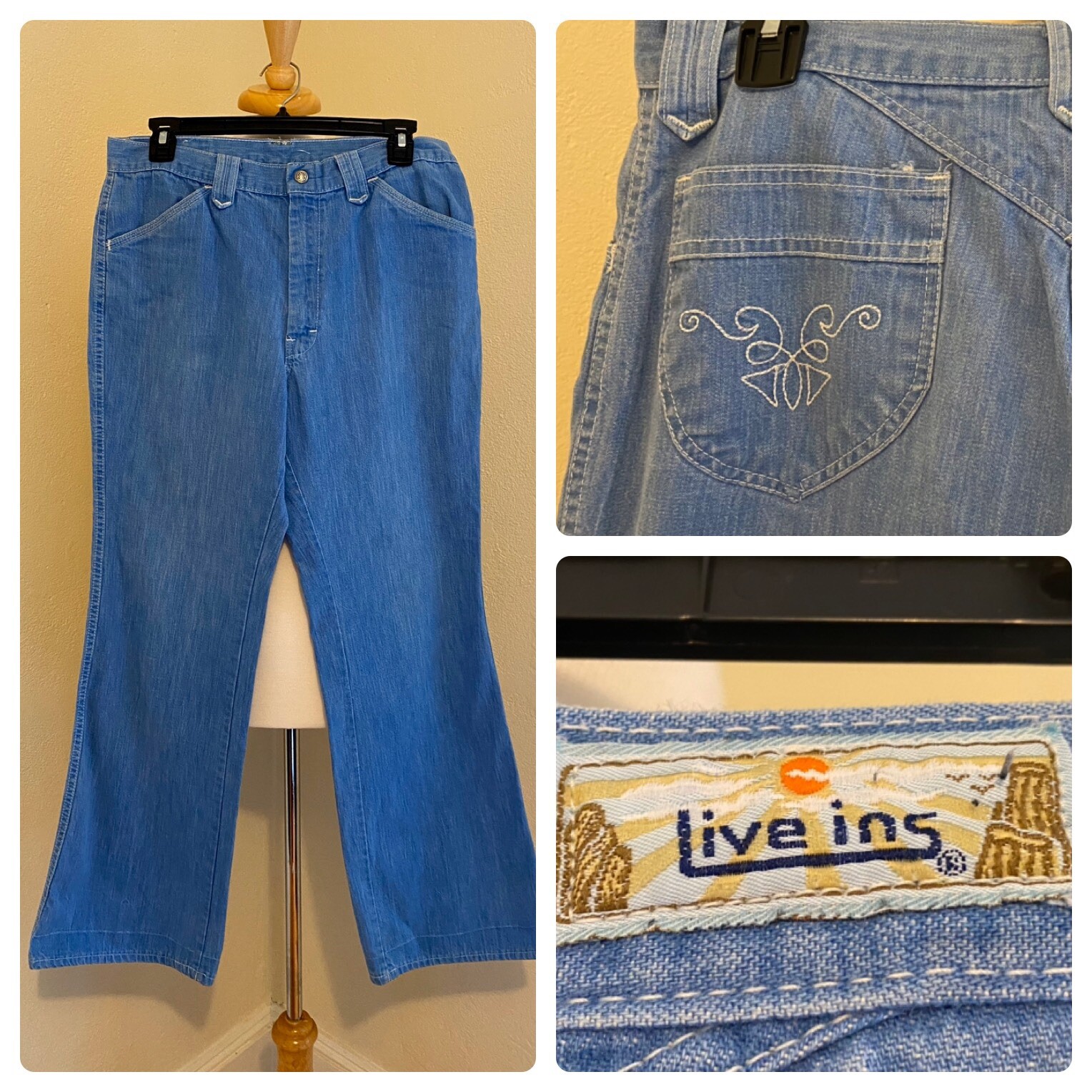 1970s Live Ins Blue Jeans, Hippy Boho, Light Wash, Pocket Embroidery, 34 Medium