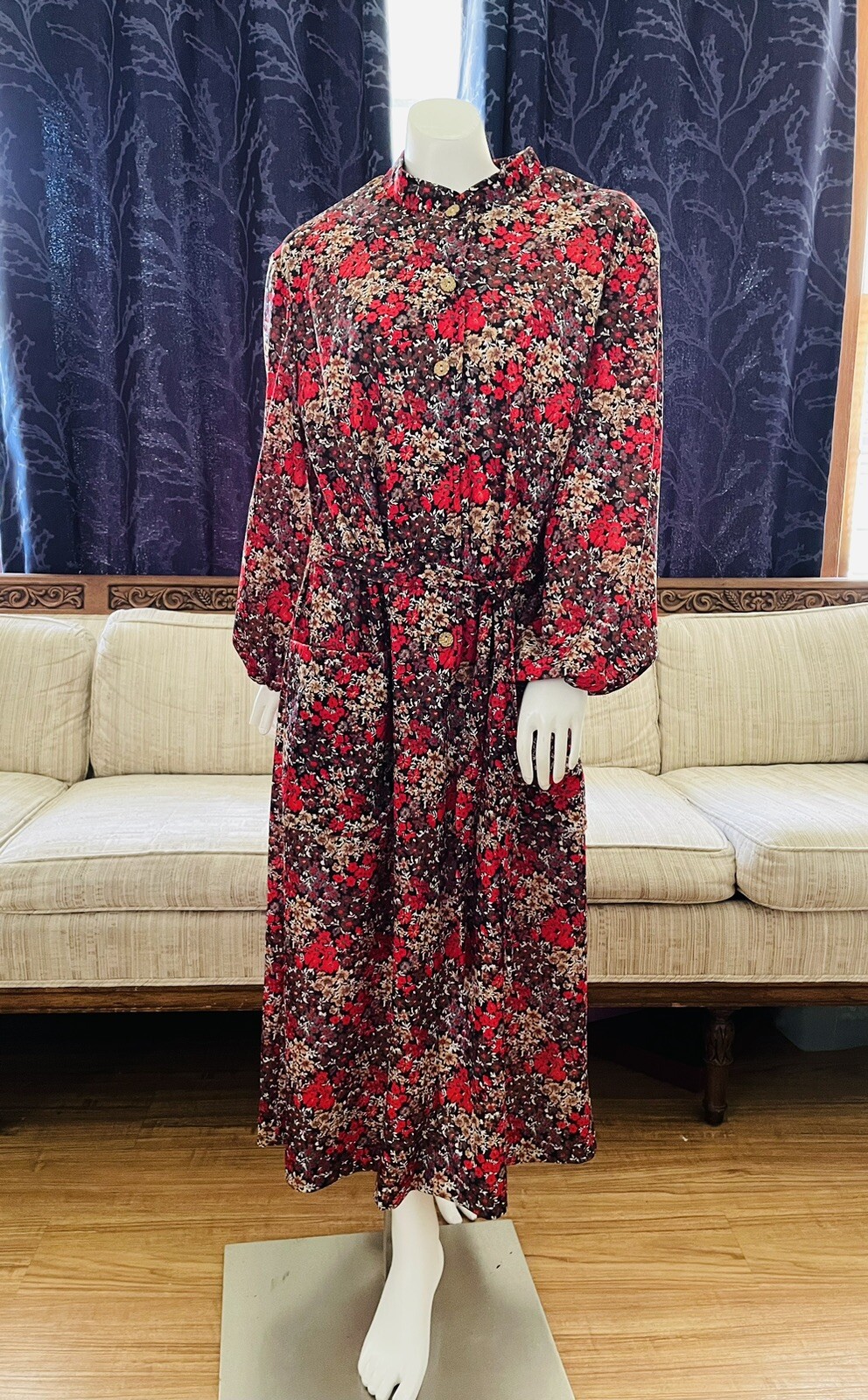 Vintage House Dress Paisley Floral Polyester Mod Hippie Boho w/ Pockets Size S/M